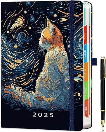 2025 Diary A5 Page a Day from Jan to Dec, Full Year Daily Planner with Colorful Monthly Tabs, Pen Set & Fine Inner Pocket, 5.9" × 8.5"- Cat