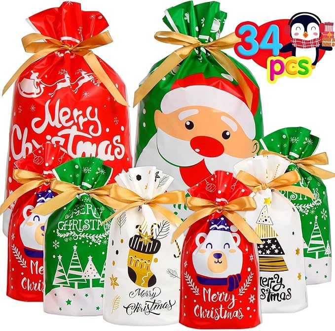 SULOLI Christmas Bags Gift Multipack,34PCS Christmas Bags for Present Christmas Wrapping Bags with Drawstring