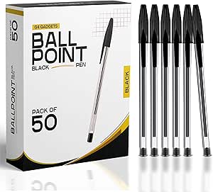 G4GADGET Pack of 50 Black Pens - Medium Tip Fluent Smooth Writing Black Biro Ballpoint Pens