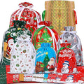 30Pcs Christmas Drawstring Gift Bags,8 Design 4 Size Xmas Large Medium Small Multipack Goody Bags,Reusable Christmas Wrapping Bags for Presents,Party,Birthday,Holiday Decorations