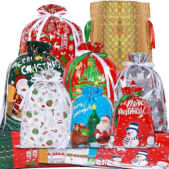 30Pcs Christmas Drawstring Gift Bags,8 Design 4 Size Xmas Large Medium Small Multipack Goody Bags,Reusable Christmas Wrapping Bags for Presents,Party,Birthday,Holiday Decorations