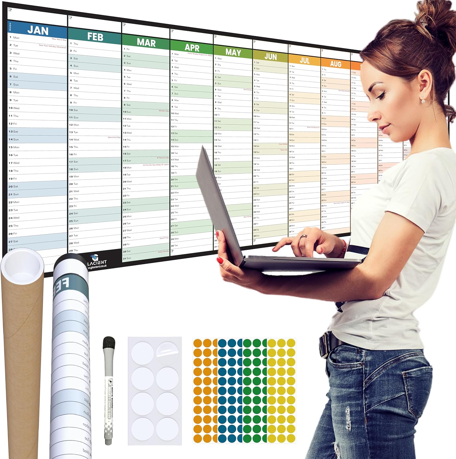 2023 Wall Planner Set 118 x 42cm Thick & Laminated Wall Calendar Includes Pen Eraser & Stickers Black Background for Family School Office by Glacient