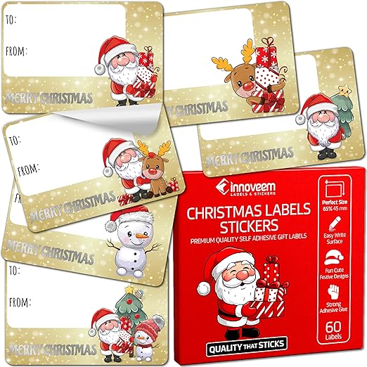 Christmas Labels Stickers for Presents - 60 Christmas Sticky Labels with Cute Xmas Designs - Size 65 x 45mm Xmas Stickers for Presents - Easy Write Surface Sticky Festive Tags by Innoveem