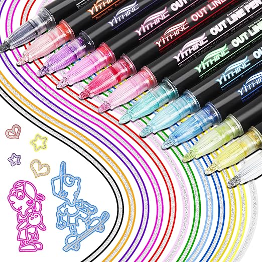YITHINC Glitter Pens Outline Marker Pen, 12 Sparkle Metallic Colouring Pens, Arts and Crafts Gift for Kids Girls, Teenage Girls Gift, Easter Gifts for 4 5 6 7 8 9 10 11 12 Year Old Girls
