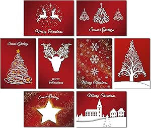 Charity Christmas Card Pack of 24. Each Christmas Card Multipack has 8 Different Festive Red Designs. Ecofriendly and UK Made. Verse Inside. 172 x 122mm Card Size