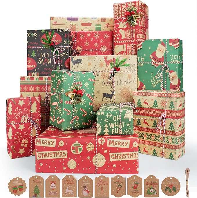 70 * 50cm Christmas Wrapping Paper for Gift, 12 Sheets Xmas Wrapping Paper Recyclable Kraft Wapping Paper with 10pcs Gift Tags and 10m Twine for Gift and Craft Wrapping