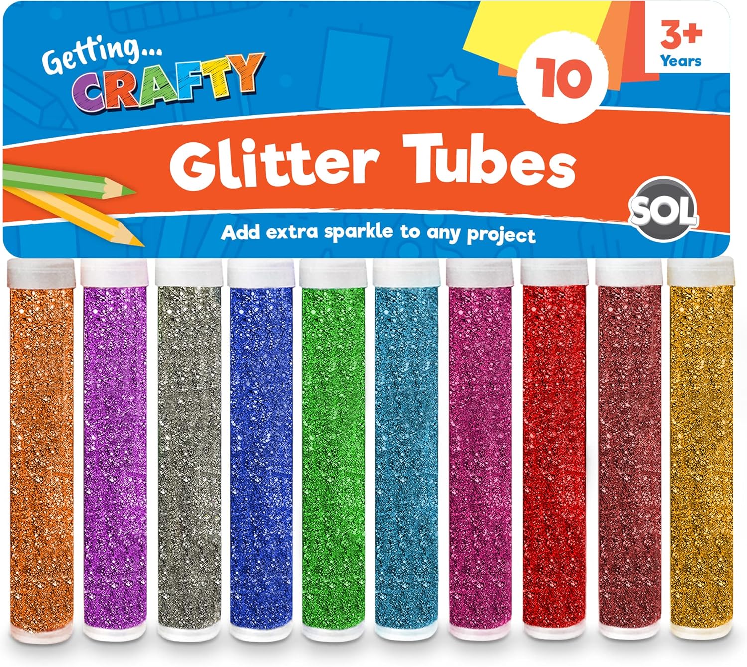 SOL 10pk Kids Glitter Tubes in 10 Assorted Vibrant Colours - Fine Glitter for Arts and Crafts, Slime, Card Making, Nail Art, and Decorations - Easy-Pour Shaker Pots for Kids and Adults