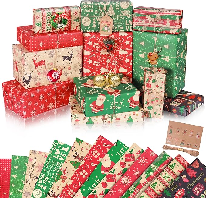 Pecehom 12pcs Christmas Wrapping Paper,Recyclable Kraft Paper 50 * 70CM in Folded Sheets with 12 Unique Xmas Theme Pattern Designs(Bonus 10m Jute String and 10 Gift Tags)