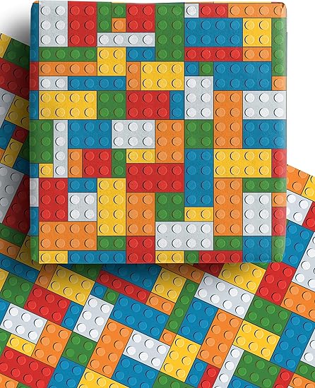 4 x Building Blocks Recyclable Wrapping Paper for Boys and Girls - Premium Gift Wrap Sheets for Kids Birthday, Father's Day, Christmas and more. 70cm x 50cm each sheet