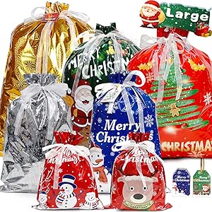 Christmas Drawstring Gift Bags, 20Pcs Xmas Wrapping Bags Large Medium Small for Presents with 30Pcs Tags for Birthday Holiday Party