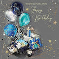 General Male Open Birthday Card for Men/Boys - Blue Balloons & Gifts with Gold Foil Details - By Cherry Orchard