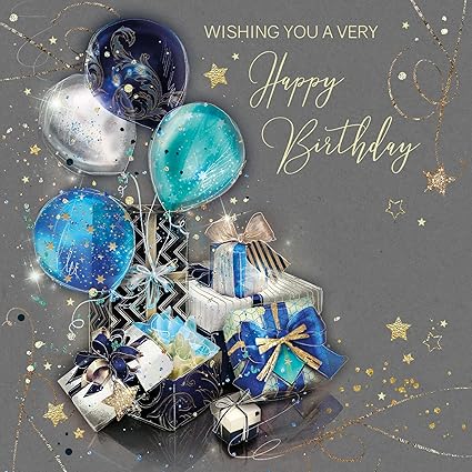 General Male Open Birthday Card for Men/Boys - Blue Balloons & Gifts with Gold Foil Details - By Cherry Orchard