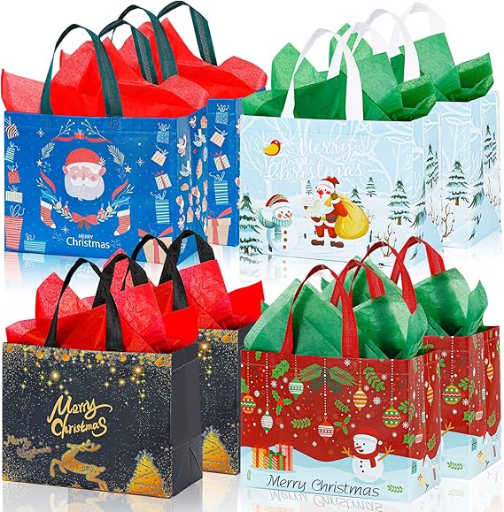 Large Christmas Gift Bags with Tissue Paper,8 Pack Reusable Xmas Gift Bags With Handle Christmas Party Bag Bulk, Purple Green Orange Dark Blue