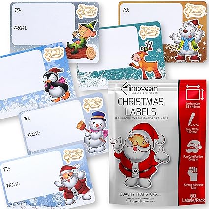 Christmas Labels Stickers - 60 Christmas Sticky Labels 65 x 45mm, Self Adhesive Premium Quality Xmas Tags Stickers for Presents, Easy Write Surface Xmas Gift Tags by Innoveem