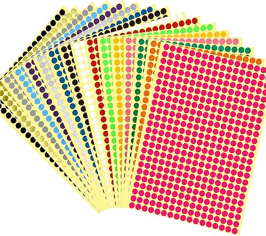 JANYUN 16 Sheets 6528 Pcs Sticky Coloured Dots Round Dot Labels Stickers Self Adhesive Circle Stickers Labels 16 Colors (6mm)