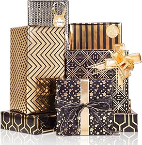 Larcenciel Wrapping Paper, Black and Gold Birthday Wrapping Paper w/Bow & Sticker, 6 Foil Design Gift Wrap Set, Luxury Gift Wrapping Paper Sheet for Birthday, Christmas, Anniversary, New Year, 70x50cm