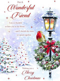 Paper Rose Christmas Card for Friend - Snowy Wreath Scene Design - Foil & Flitter Finish - Festive Christmas Greeting Card for a Wonderful Friend - For Men or Women