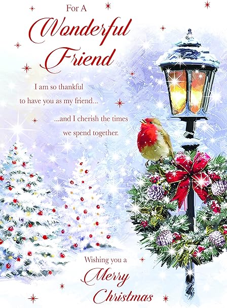 Paper Rose Christmas Card for Friend - Snowy Wreath Scene Design - Foil & Flitter Finish - Festive Christmas Greeting Card for a Wonderful Friend - For Men or Women