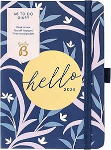 Busy B 2025 Diary A6 Weekly Planner with To-Do Lists & Notes Pages – Compact Navy Floral Journal - Week-to-View Layout, 3 Pockets & Year Planner