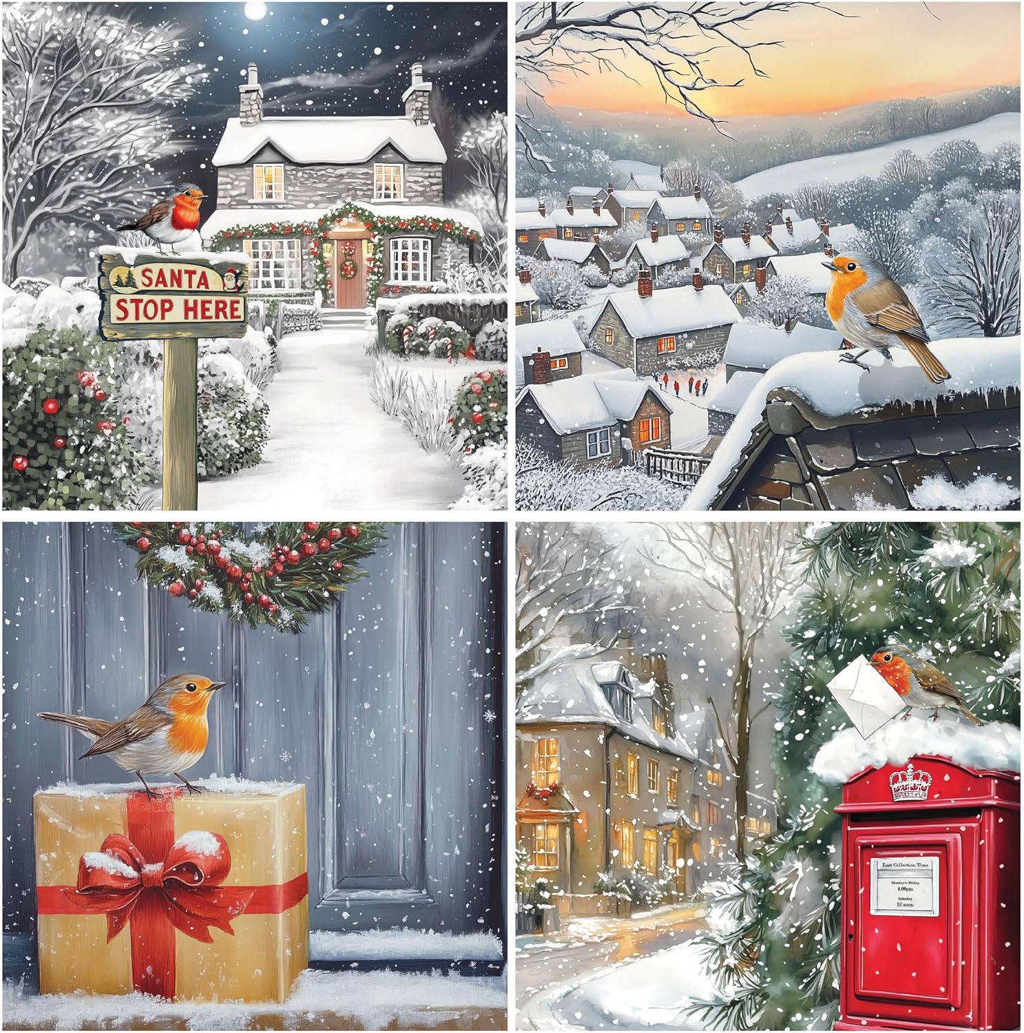 Charity Christmas Cards Pack of 24. Each Christmas Card multipack has 4 different Robin designs. Large size 150x150mm. Verse Inside. Ecofriendly and UK made.