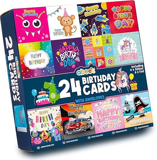 Abeec Kids Birthday Cards Multipack - 24 Cards: 12 for Him, 12 for Her - With Happy Birthday Stickers & 24 Envelopes