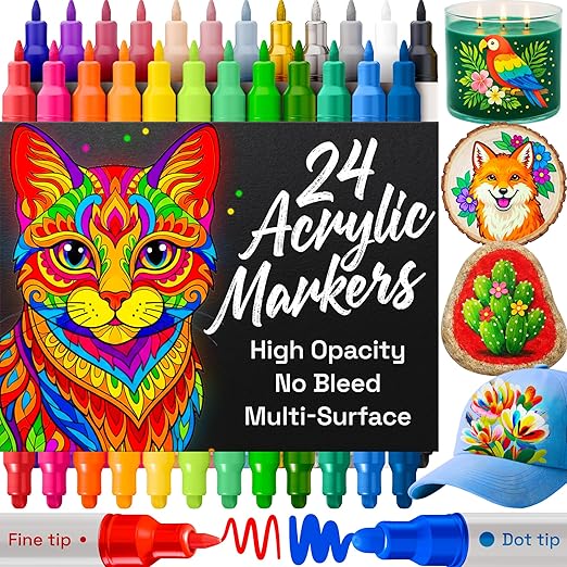 ARTISTRO 24 Acrylic Paint Pens for Fabric, Rock, Wood, Glass – Easter Decoration & Crafts – Dual Tip (Dot & Fine) Paint Markers for Adults, Teens, Kids - Art Supplies