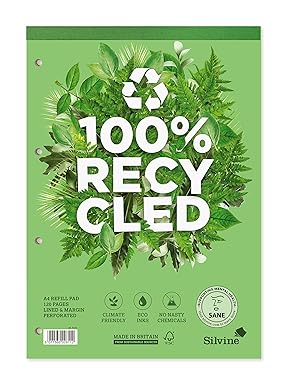 Silvine 120 Page Premium Recycled Refill Pad A4. Ruled 8mm Feint with Margin - Ref R101