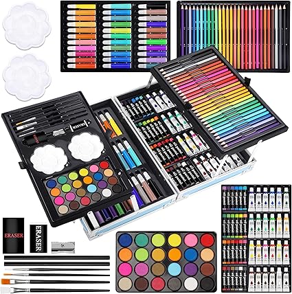 Professional Art Set, 144 Deluxe Aluminium Case Painting Set with Watercolour Pens Drawing Pencils Paints Oil Pastels, Premium Colouring Drawing Art Supplies Case Gift for Artists Adult